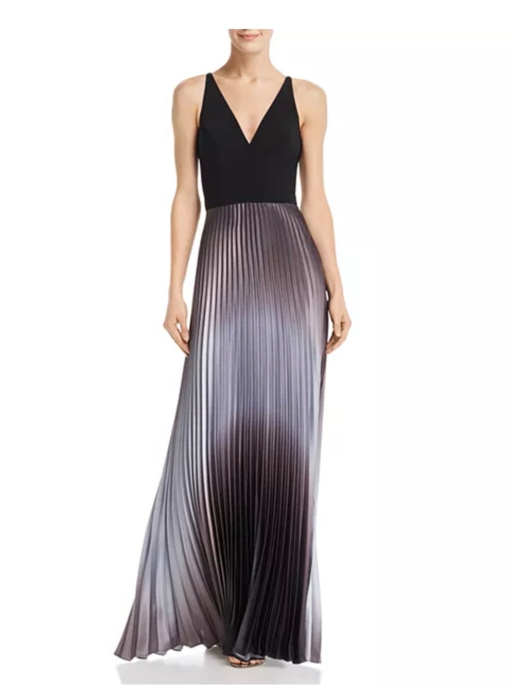 Aqua Black to Silver Ombre Pleated V-Neck Gown